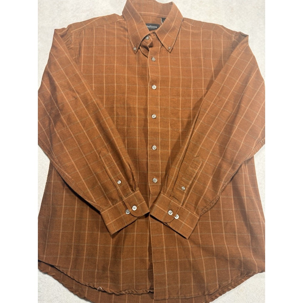Van Heusen Brown Plaid Button Down Shirt Men's M 15-15.5 Long Sleeve‎ Casual